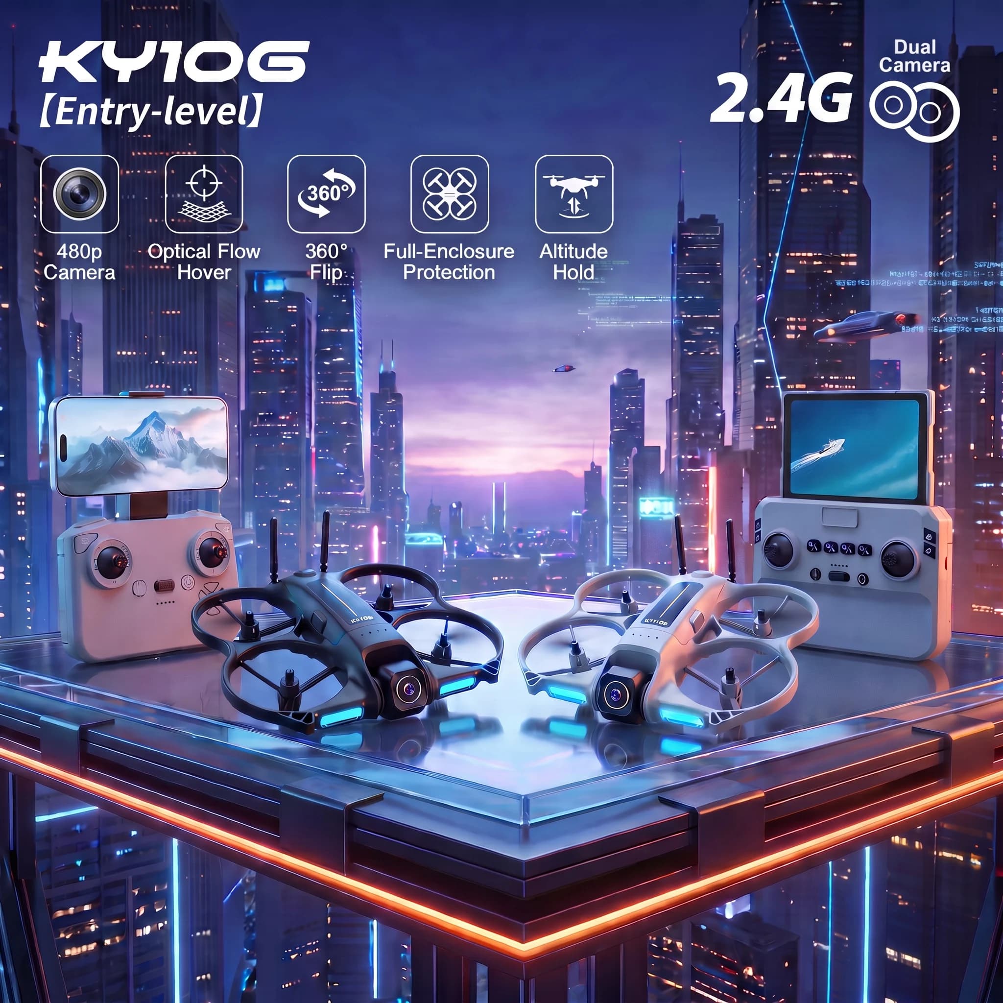 KY106 Drone with 4K HD Screen Remote, Full Anti-Collision Shield, Optical Flow Hover, 180° Adjustable HD Camera & 5X Zoom.