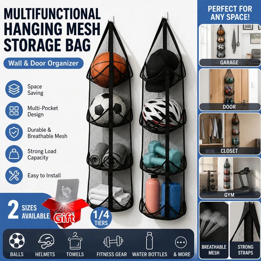 Multifunctional Storage Bag 1PC, 1/4 Tier Foldable Door Hanging Basketball Organizer with Hook for Soccer Volleyball