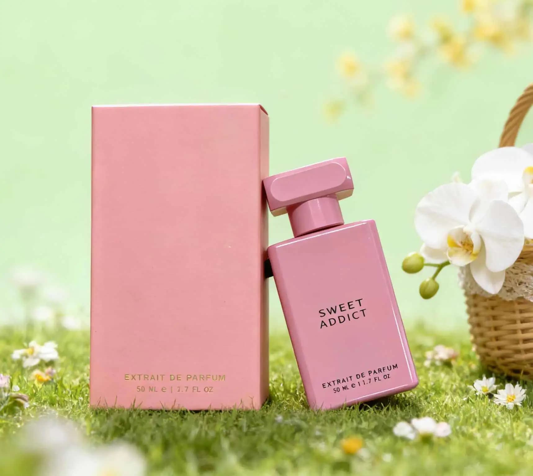 Profumo Sweet Addict, flacone con miscela di polveri, apertura fresca agli agrumi, fragranza di rosa e gelsomino intrecciata con la densa dolcezza della gelatina di cotone, profumo duraturo, adatto per appuntamenti e per il pendolarismo.