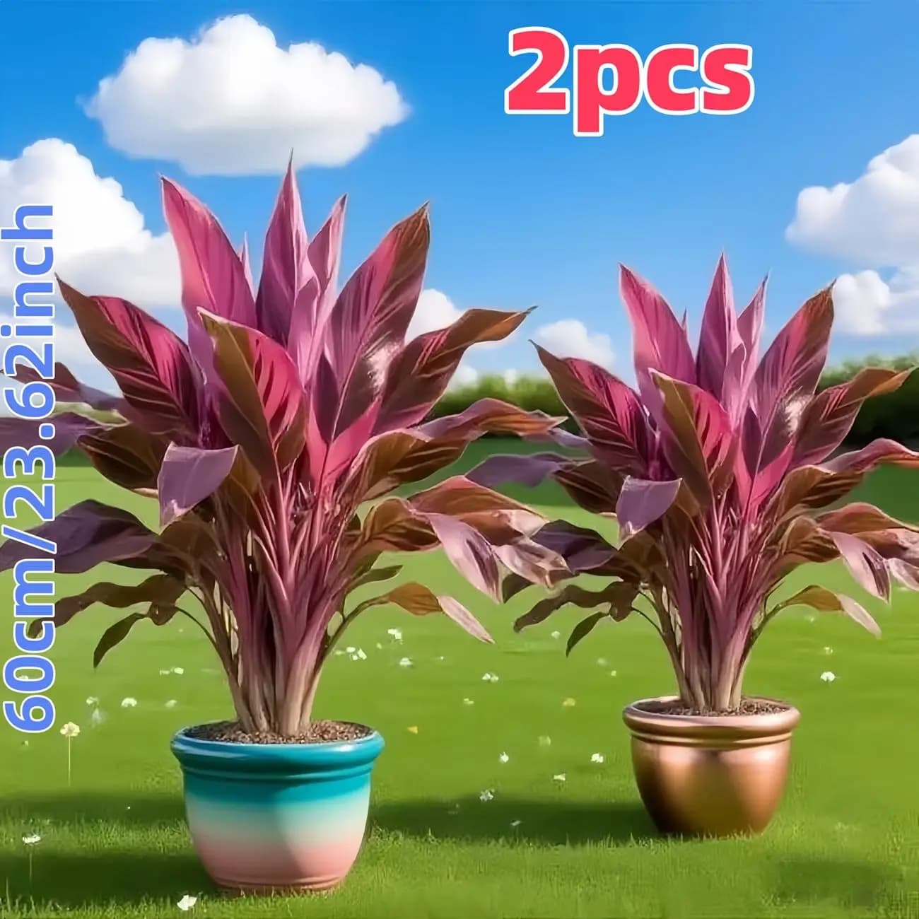 2 Pezzi di Piante Artificiali di Cordyline Fruticosa da 60cm, Foglie Rosse Finte per Decorazione di Casa, Giardino, Portico, Patio, Interni ed Esterni