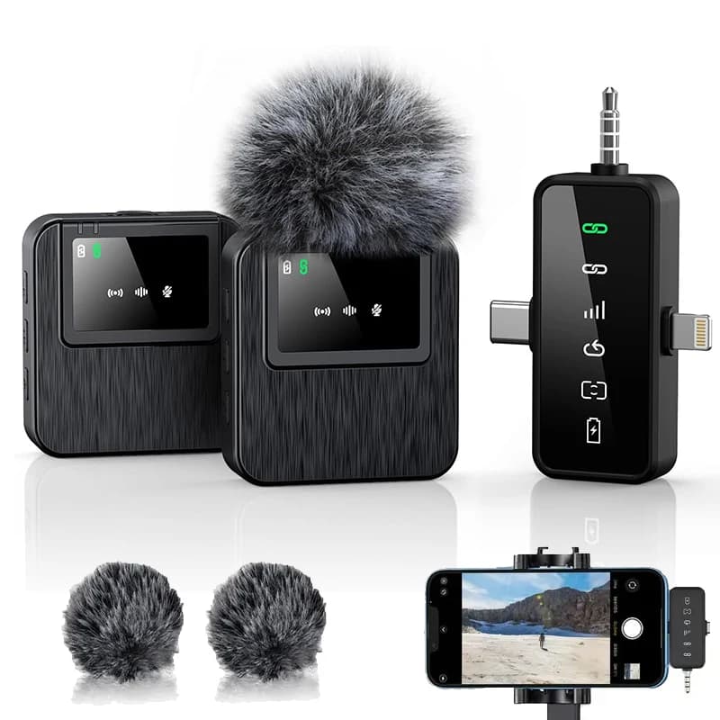 Professional 3-in-1 Wireless Lavalier Microphone System Dual Lapel Mic With Smart LCD Display Plug & Play Noise Reduction For Smart Phone Camera Video Recording Vlog Webcast Interview