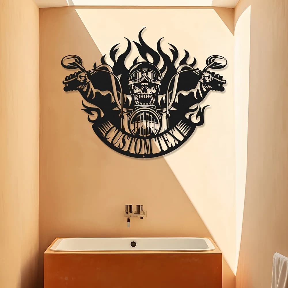 Custom metal plate with skull and motorcycle, home and office decoration, motorcycle / skull decoration, metal art, wall hanging decoration