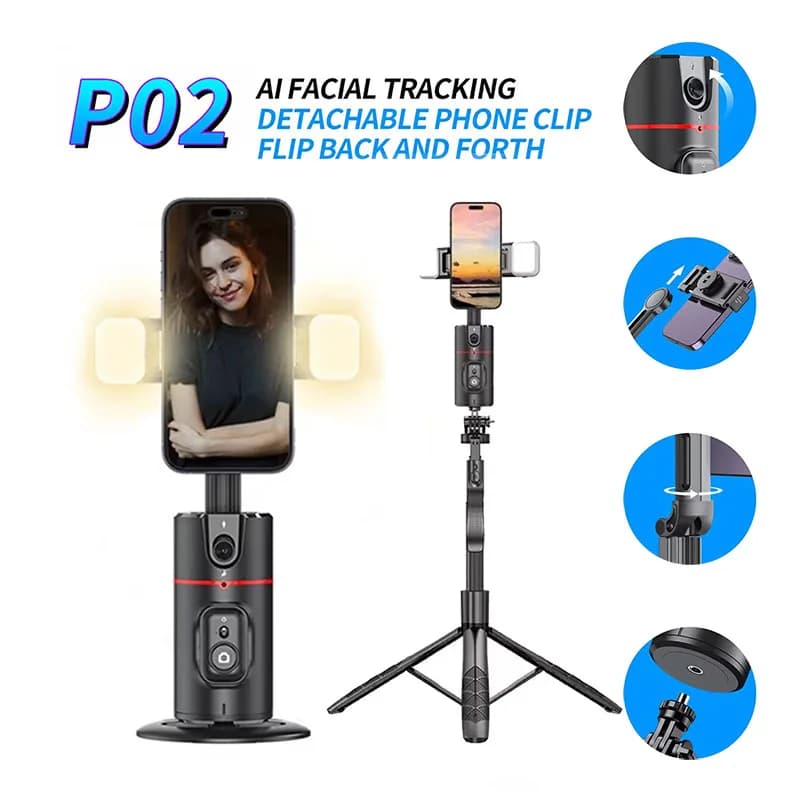 Stabilizzatore di rotazione a 360 Follow-up Selfie Desktop Face Tracking Gimbal per telefono dal vivo con otturatore remoto e microfono con luci