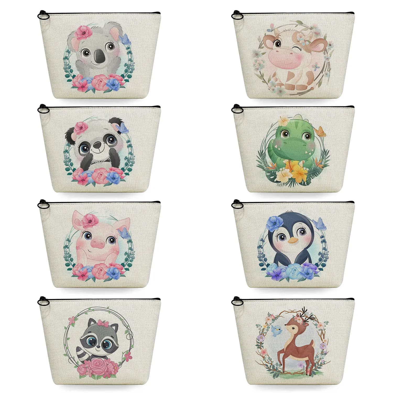 Cute Floral Animal Pattern borsa cosmetica da donna Pig Deer Penguin Panda Tanuki Printed Makeup Organizer regalo borse da toilette da viaggio