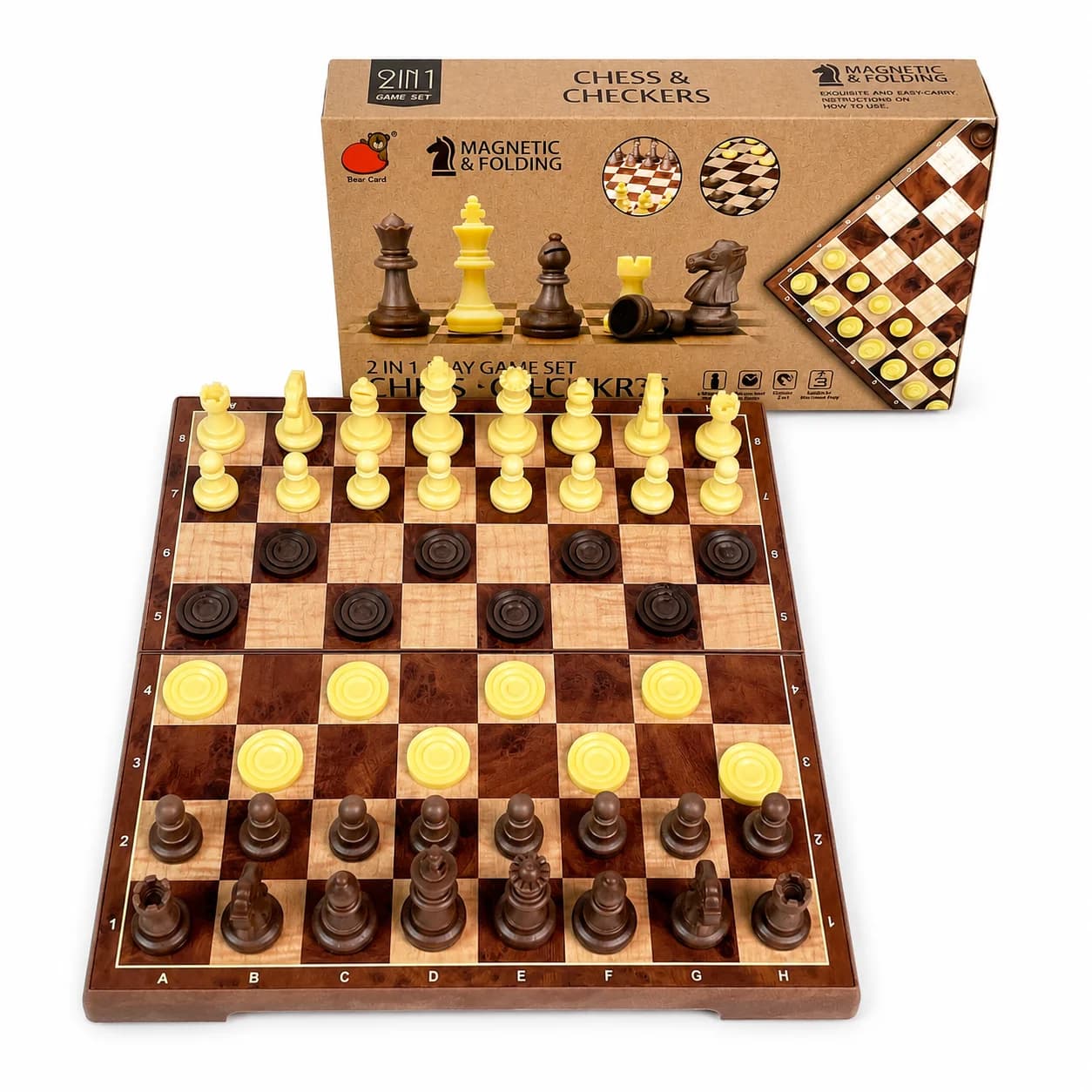 24x24cm 2 in 1 Folding Magnetic Chess Checkers Set Wood Grain Board Game Portable Travel Educational Toy Gift