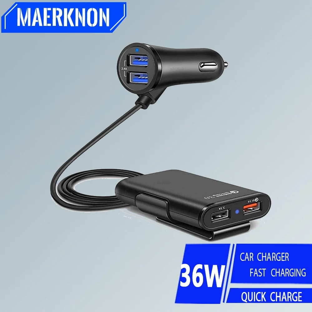 Caricabatteria da auto USB da 36W ricarica rapida da uno a quattro seggiolino posteriore carica per auto QC3.0 per iPhone Xiaomi 13 adattatore per telefono da auto Samsung Huawei