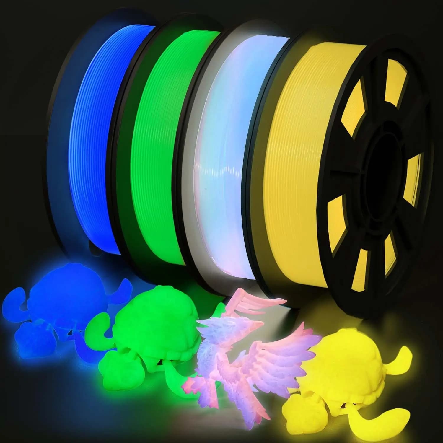 Pack of 4 PLA Luminescent Filaments for 3D Printer, Assorted Colors Blue Green Yellow Rainbow, 250g Each, Diameter 1.75mm