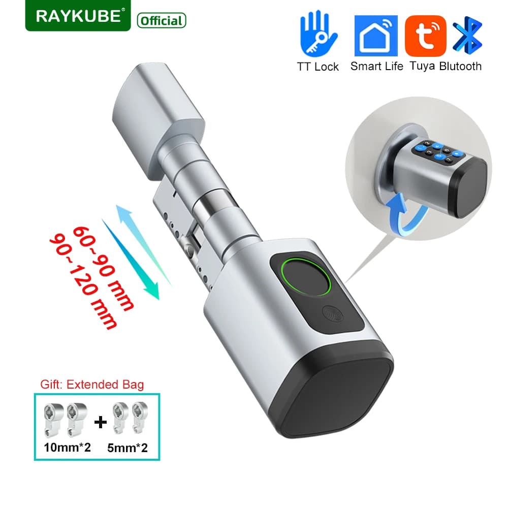 RAYKUBE V1 Blocco TT regolabile/Tuya Bluetooth Blocco a cilindro digitale intelligente per impronte digitali con APP/Password/Scheda RFID/Sblocco chiave