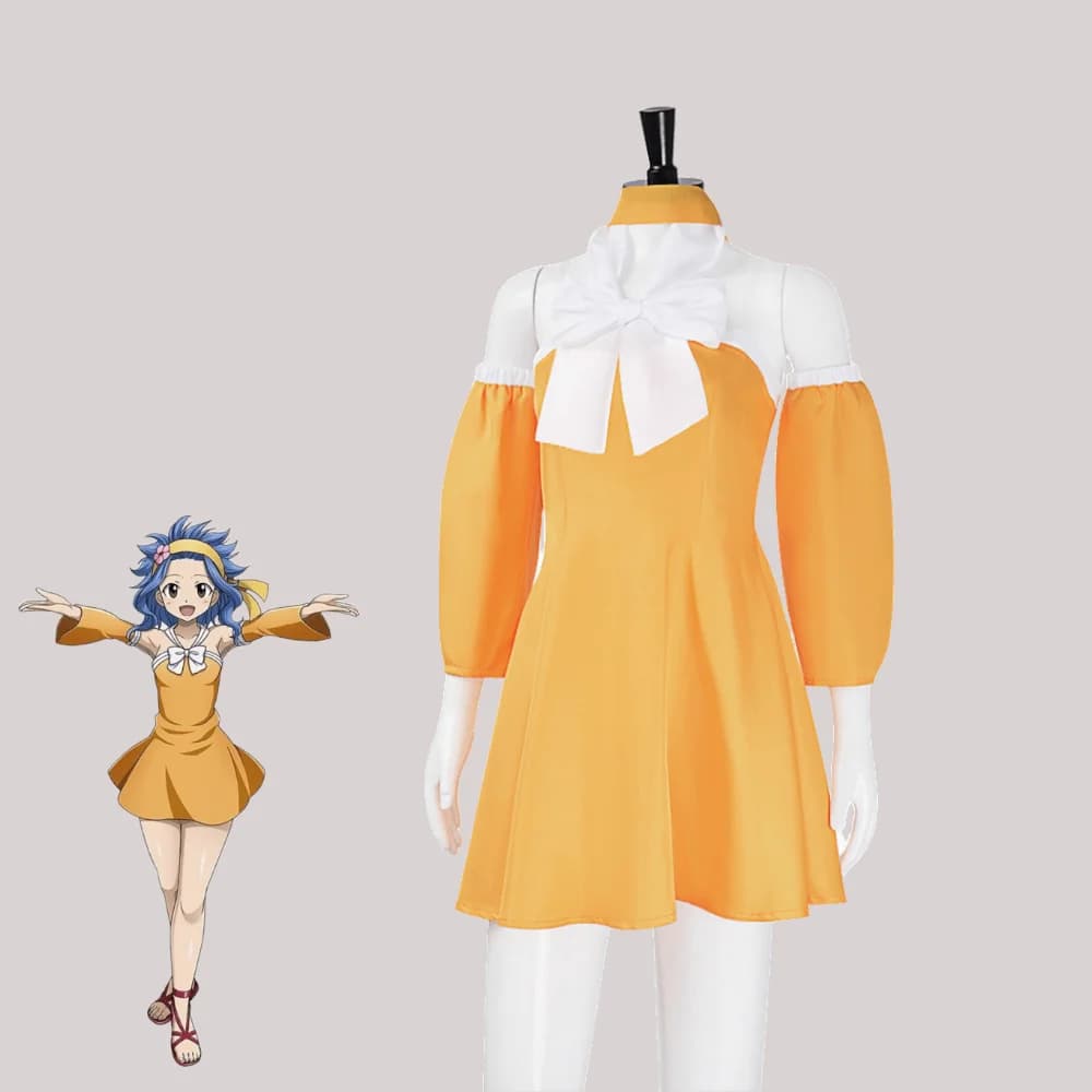 Costume cosplay di Levy McGarden, vestito Anime Fairy Tail Levy, abito giallo con fiocco, abito anime femminile