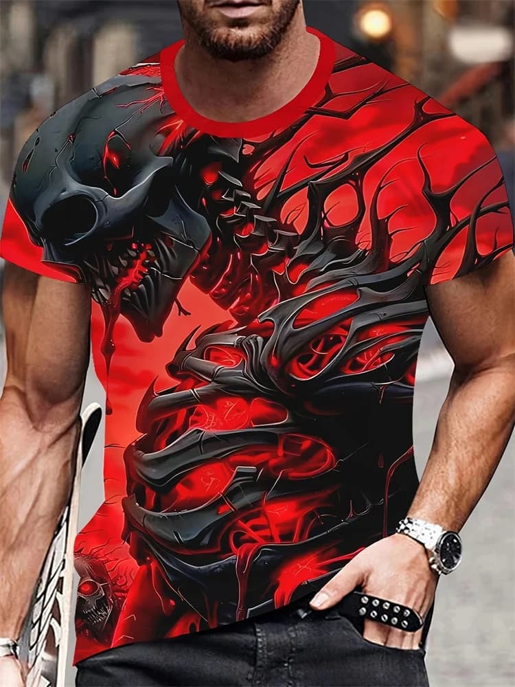 Men's 3D Horror Skull Print T Shirt Casual Comfortable Round Neck Short Sleeve Tee Pullover T-shirt Top Street Fashion Clothing