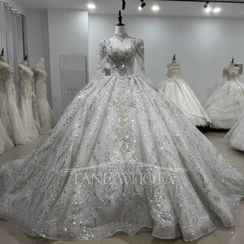 Abiti da sposa eleganti Abito da ballo a maniche lunghe con collo alto Abito da sposa con paillettes in pizzo argento cristallo Treno lungo