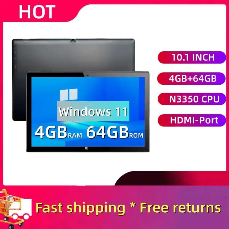 Tablet Windows 11 10,1 POLLICI 4 GB RAM 64 GB ROM 64 bit Intel Atom N3350 Quad Core Dual Camear 1920 x 1200 IPS Tipo-C Porta USB 3.0