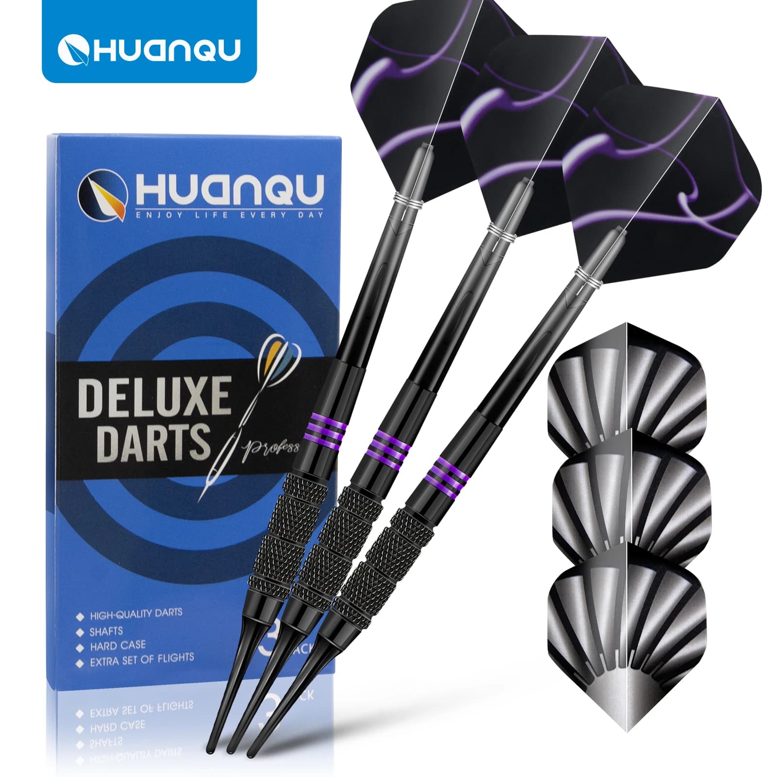 Set di freccette morbide professionali Huanqu, include alette per freccette, astine di ricambio, punte di sicurezza, accessori per freccette elettroniche, attrezzatura completa per freccette per adulti, famiglie, bar e sale giochi, combinazione di colori viola e nero