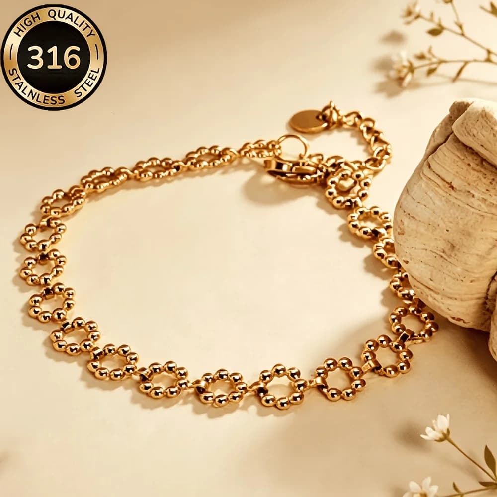 Seven‑Bead Floral Circle Bracelet Stainless Steel Retro Elegant Flower Jewelry Minimalist Versatile Fashion Accessory for Daily