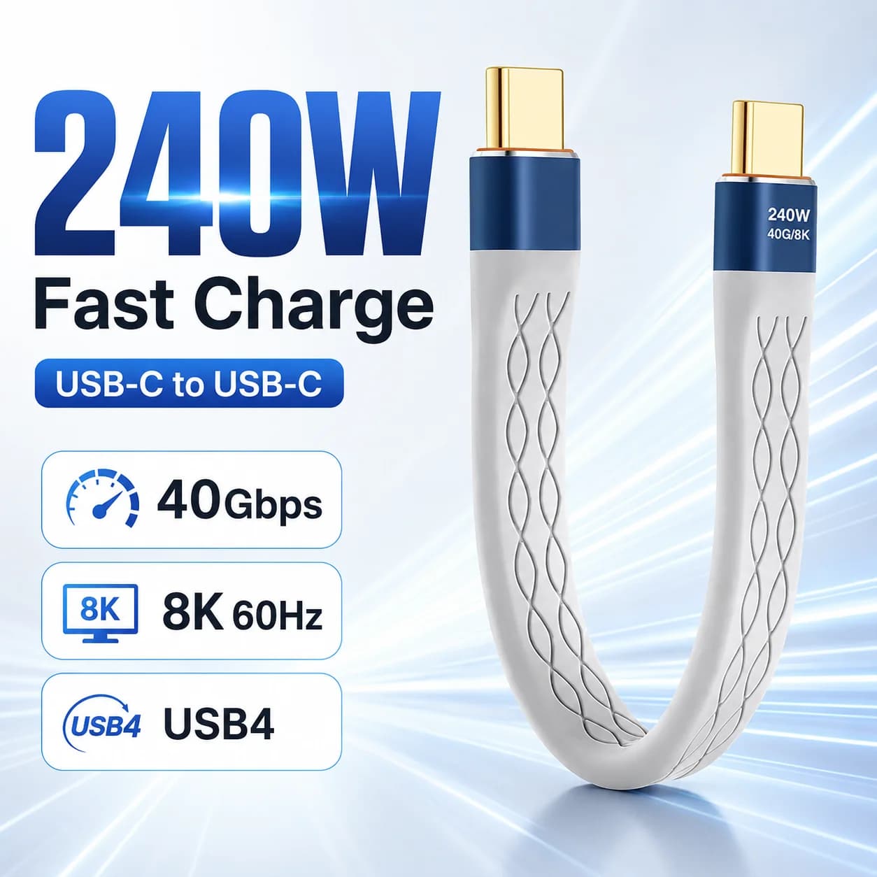 USB-C to USB-C short cable from 240 W Type C Quick Charging Cable Data Transfer from 40 Gbps Data Charging Extension Cable FPC Slim Plate 8K