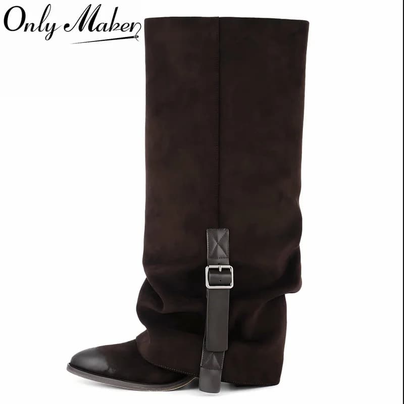 Onlymaker Stivali da donna con punta a punta e tacco alto, stivali alti fino al ginocchio, stivali invernali da donna lunghi con risvolto, taglia US12