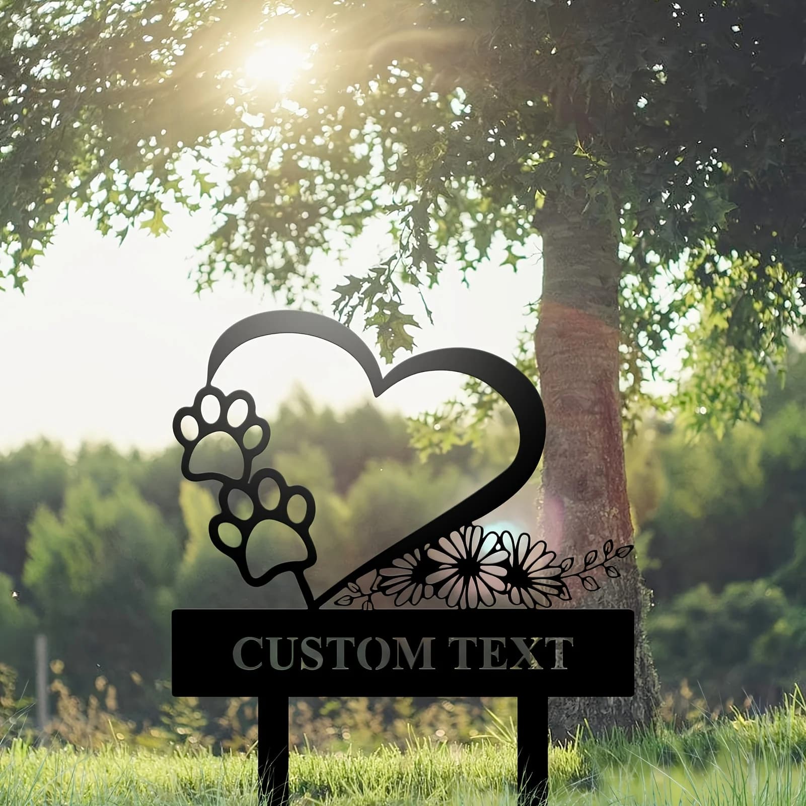 Targa da Giardino Personalizzata in Metallo - Testo/Nome/Data Personalizzabili - Decorazione da Prato in Ferro Resistente con Cuore e Impronta di Zampa