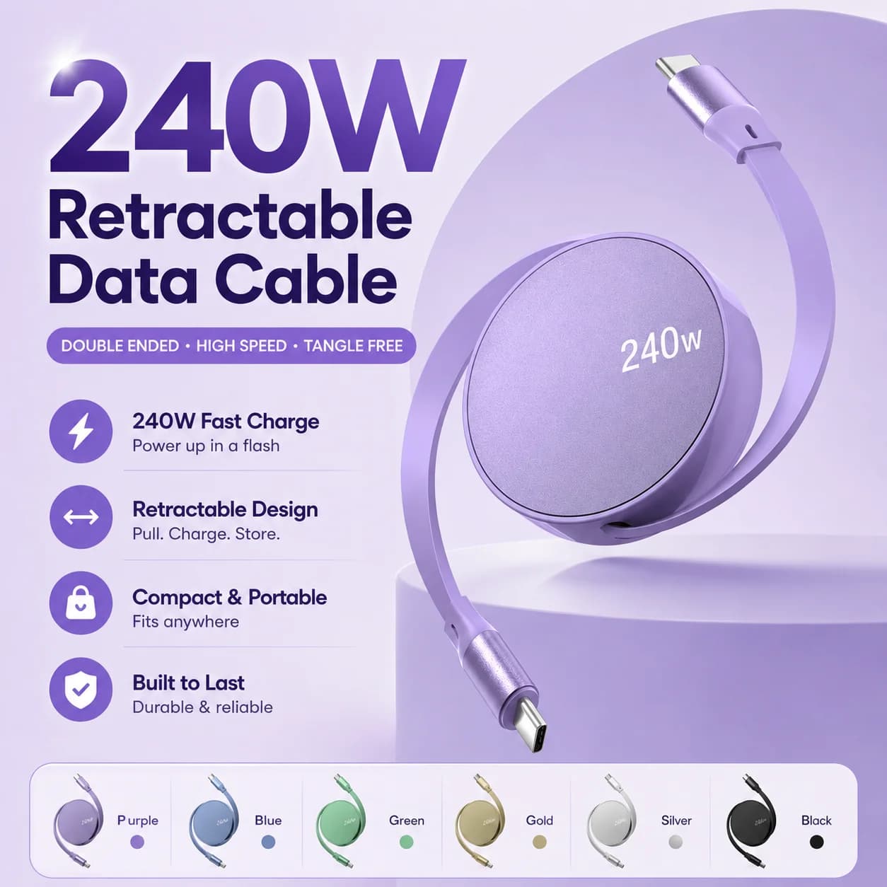 Cavo USB C retrattile portatile PD 240W Tipo Cavo di ricarica rapida e dati USB tipo C per iPhone Telefono Android Xiaomi Huawei OPPO