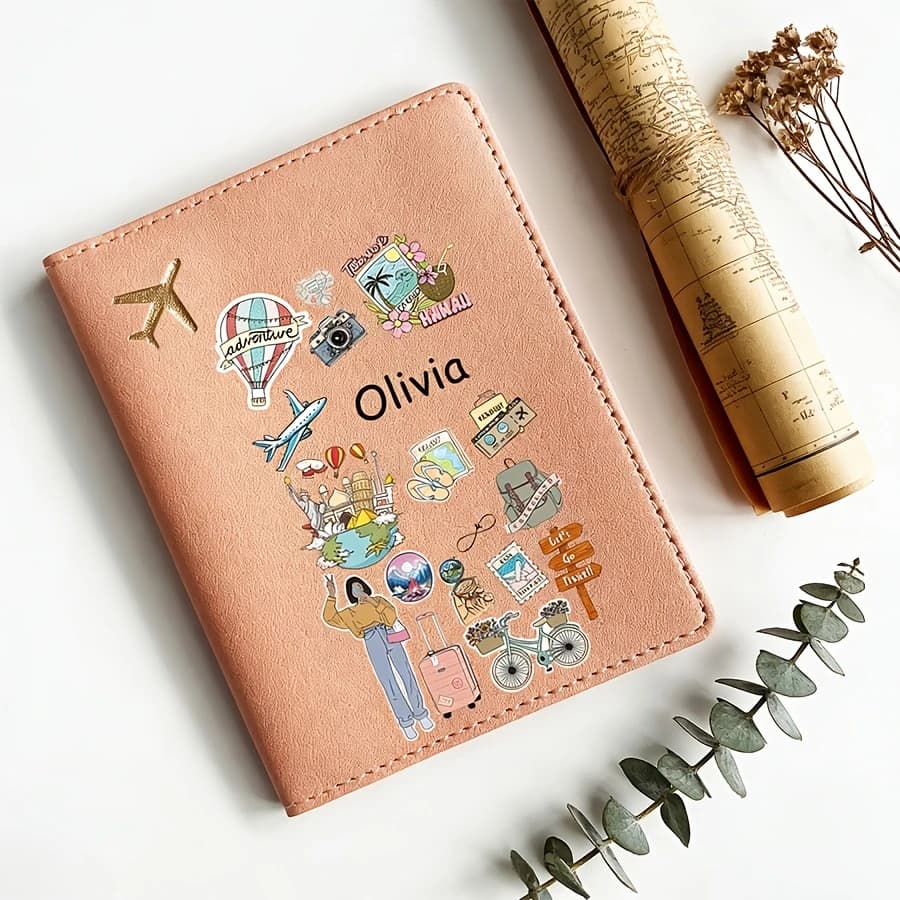 Customizable Name Text Fashion Passport Holder, Cartoon Pattern Design, Travel Essential, Fashionable Passport Case.