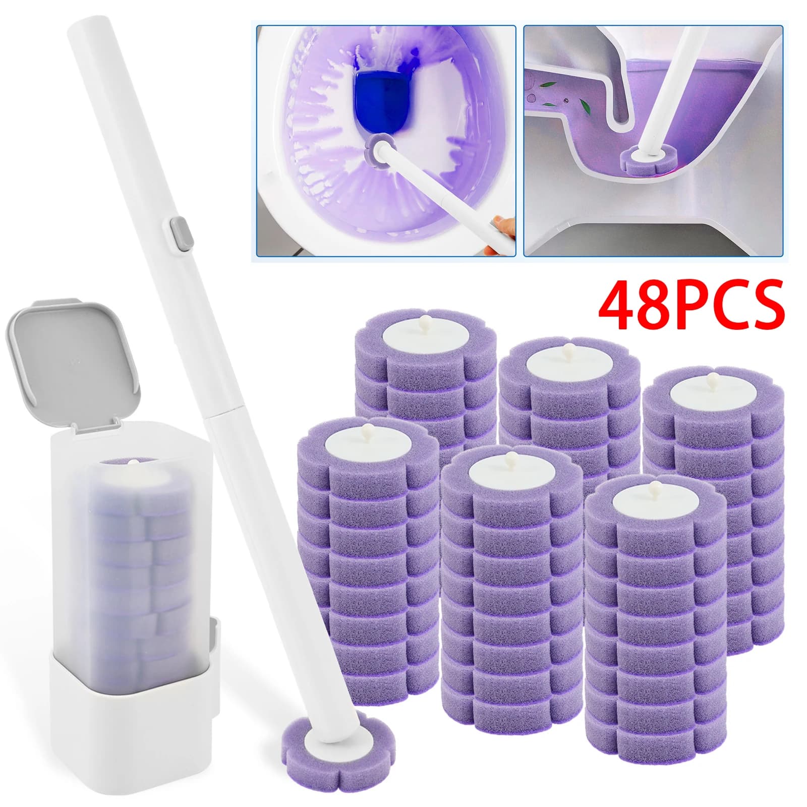 Set di Spazzole per WC Usa e Getta con 48 Testine di Ricambio, Kit Efficiente per Pulizia del Bagno con Supporto a Parete