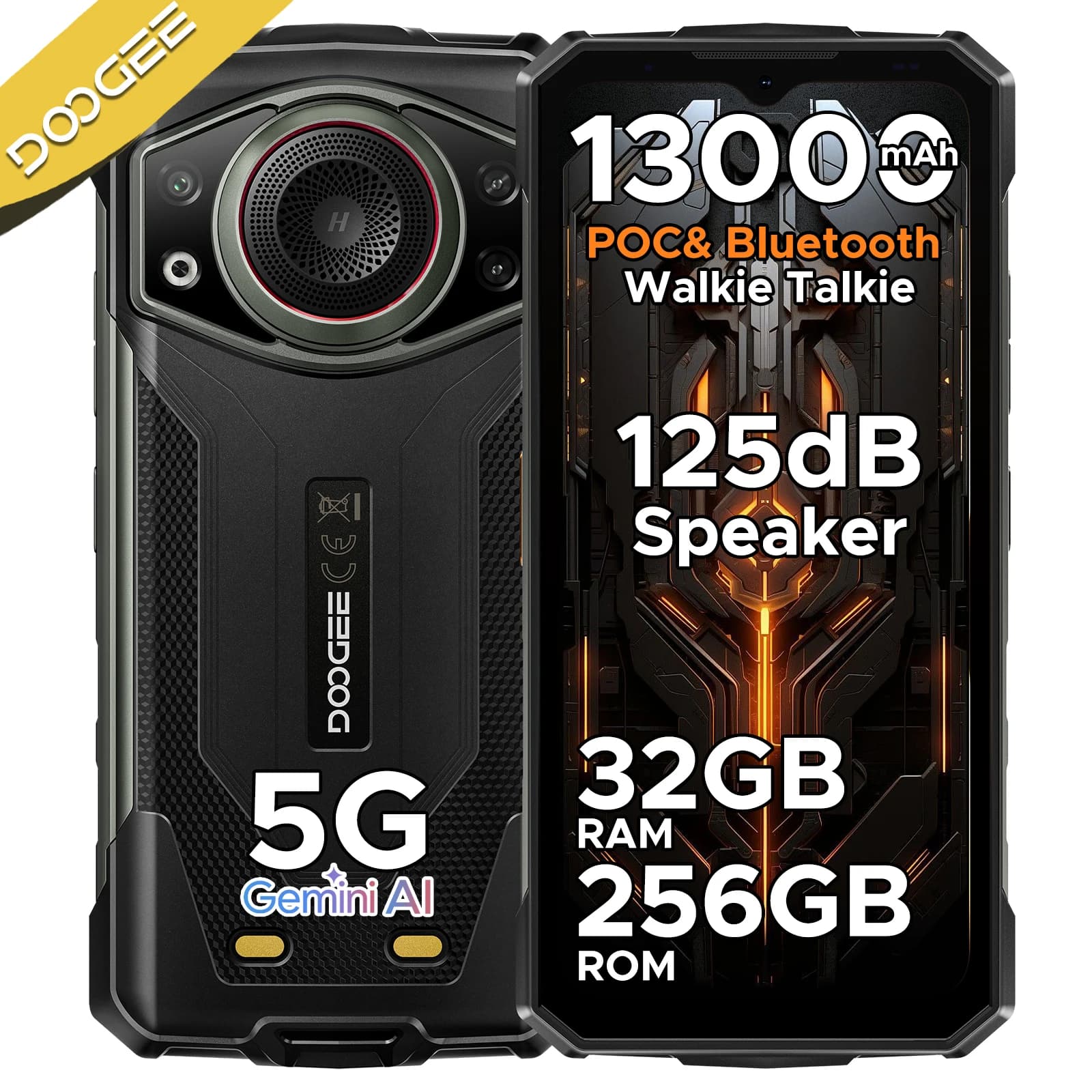 DOOGEE Fire 7 Ultra 5G Telefono Rugged con Schermo da 6.6'', Altoparlante da 125dB, Supporto POC, Batteria da 13000mAh, 8GB+256GB, Smartphone Android 15 con NFC
