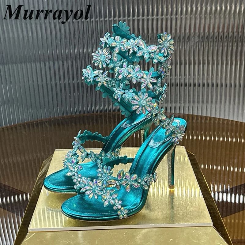 Sandals Women Real Leather Narrow Band Summer Flower Rhinestone Ankle Strap Thin High Heels Sandalias Wedding Party Dress Shoes