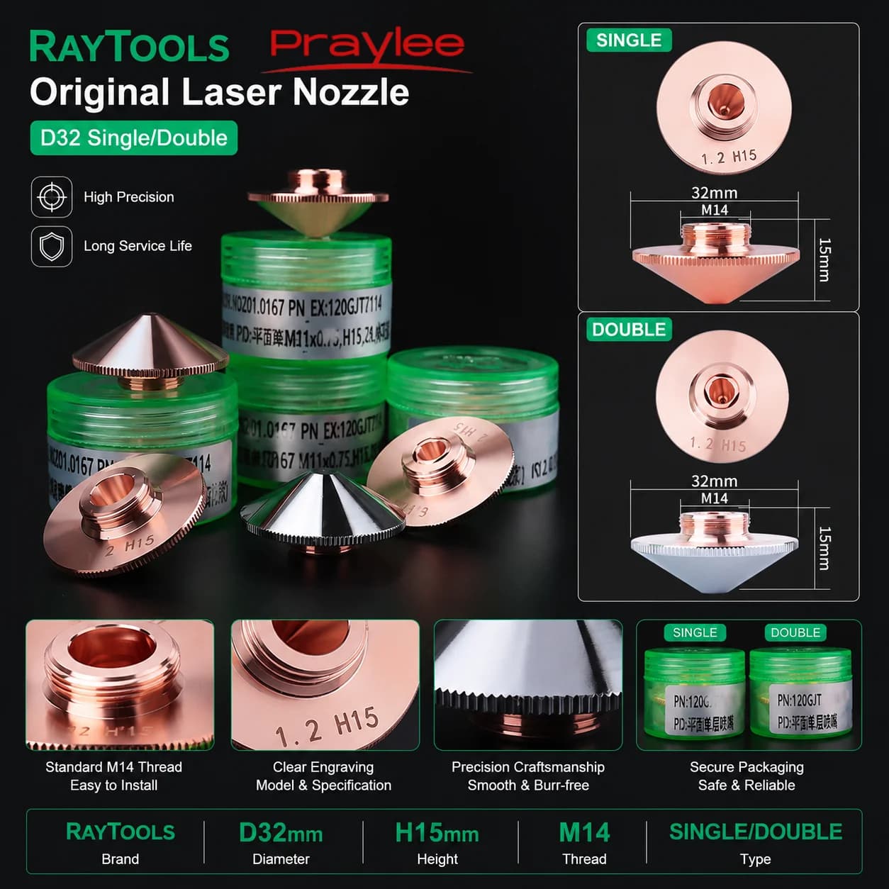 Raytools Original Fiber Laser Nozzle D32 M14 1.0 1.5 2.0 2.5 3.0 Single Double Chrome Raytools Nozzle for Laser Cutting Machine