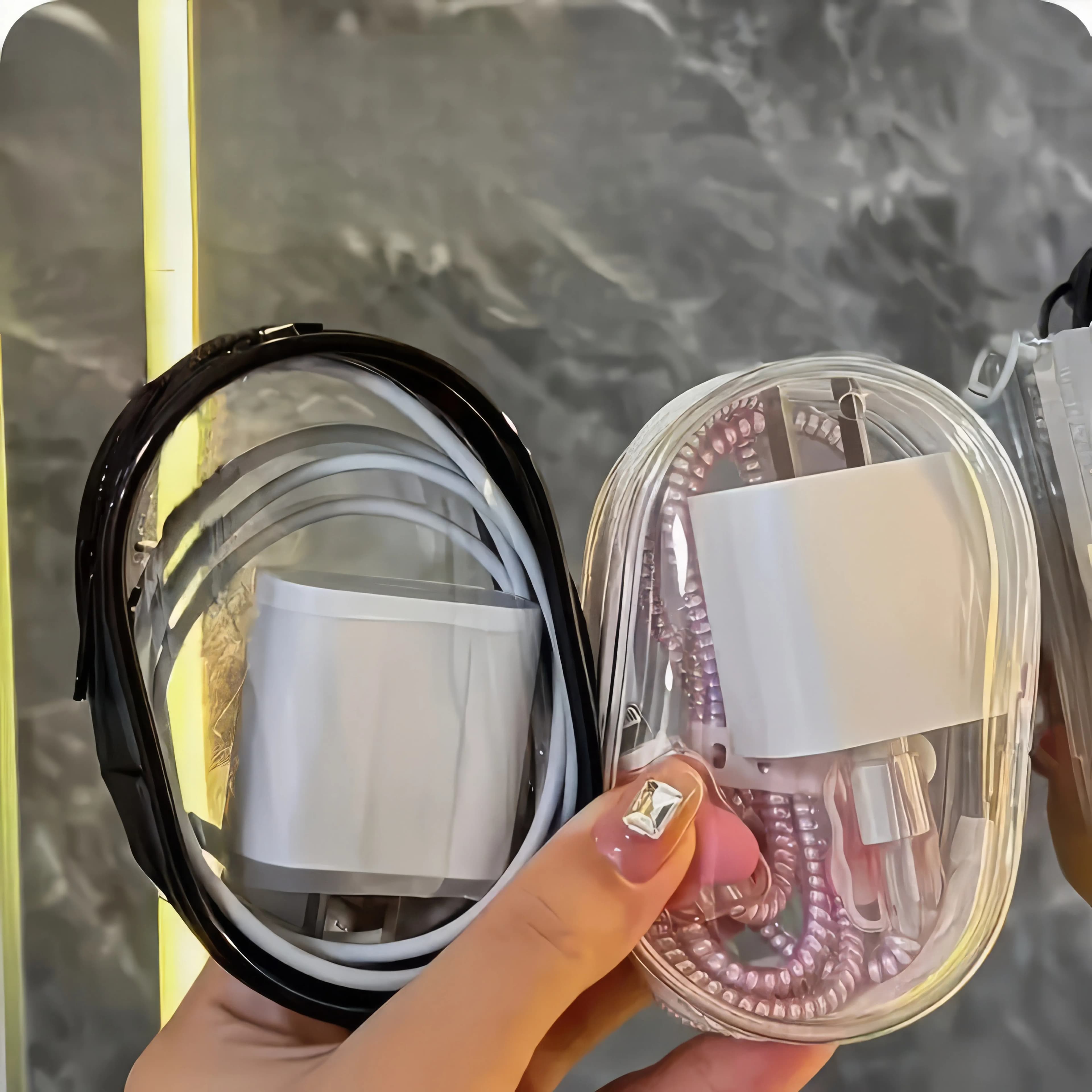 2 sacchetti portaoggetti per cavi da viaggio durevoli, sacchetti portaoggetti per caricabatterie portatili in plastica trasparente nera/bianca, adatti per i viaggi quotidiani