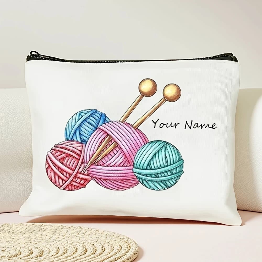 Personalized Crochet Makeup & Travel Toiletry Bag - Custom Name/Text, Yarn Ball & Hook Design