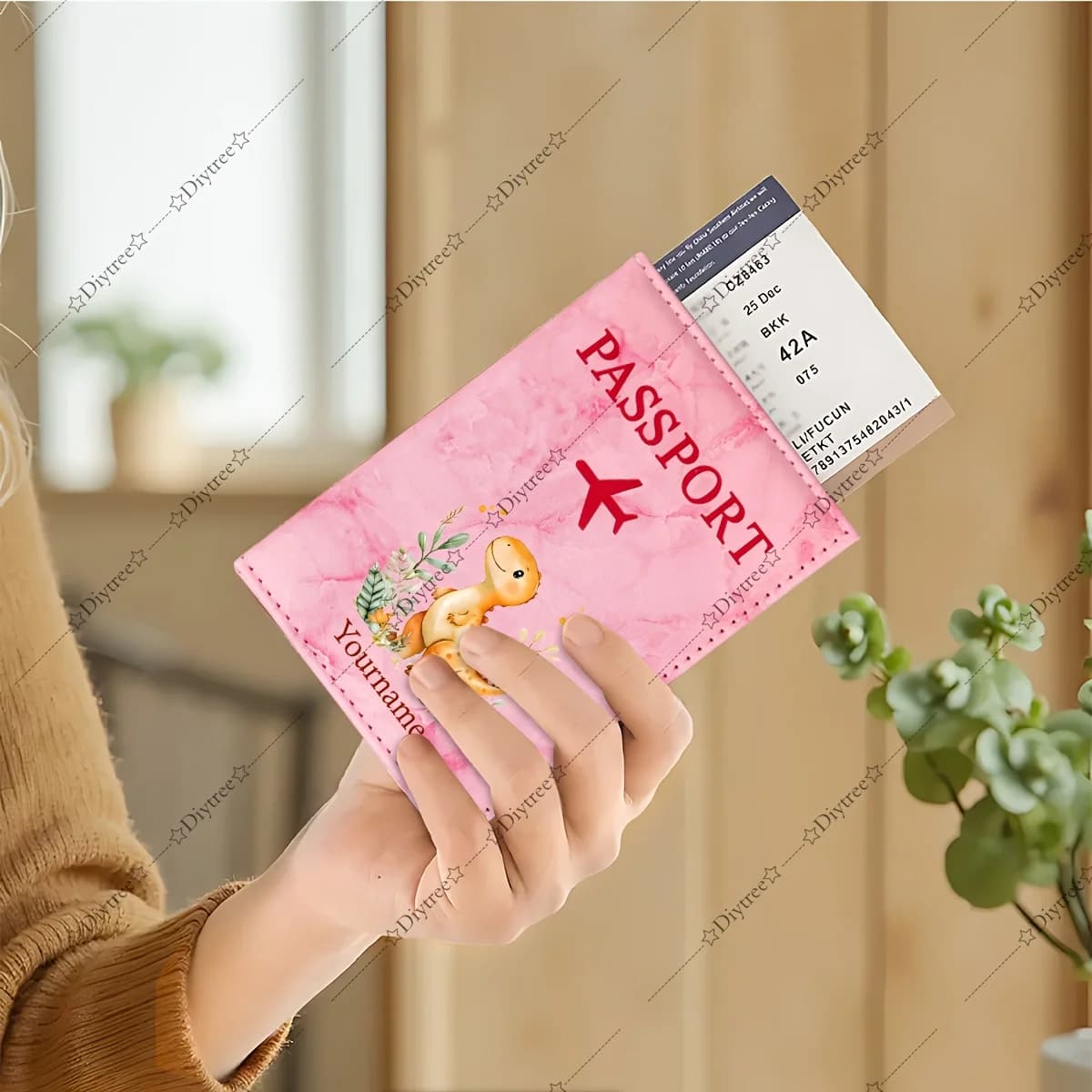 Cartoon Orange Dinosaur Passport Cover Foldable Lightweight Travel Case Lovely Gift for Art & Animal Lovers
