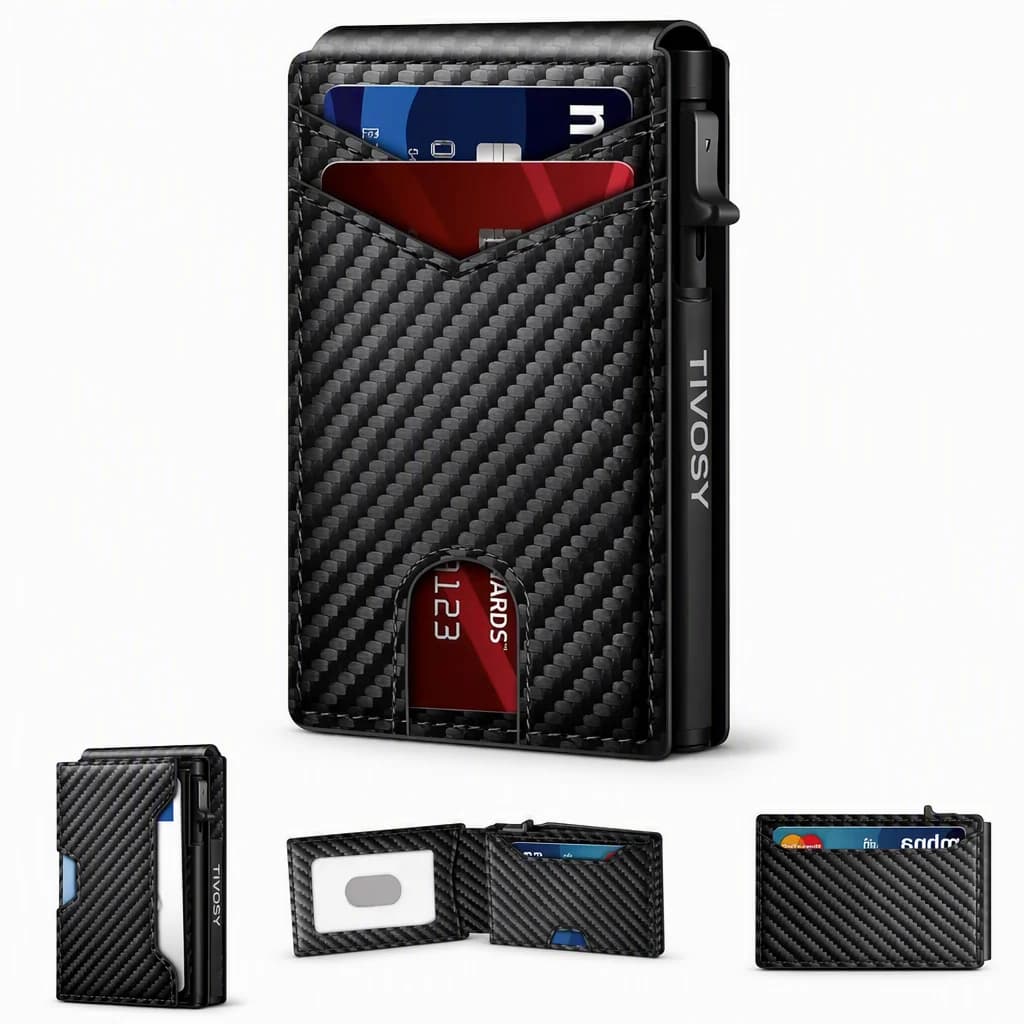 Tivosy Slim Carbon Fiber Wallet, RFID Blocking Pop-Up Card Case, Magnetic Bifold Tactical Wallet for Men
