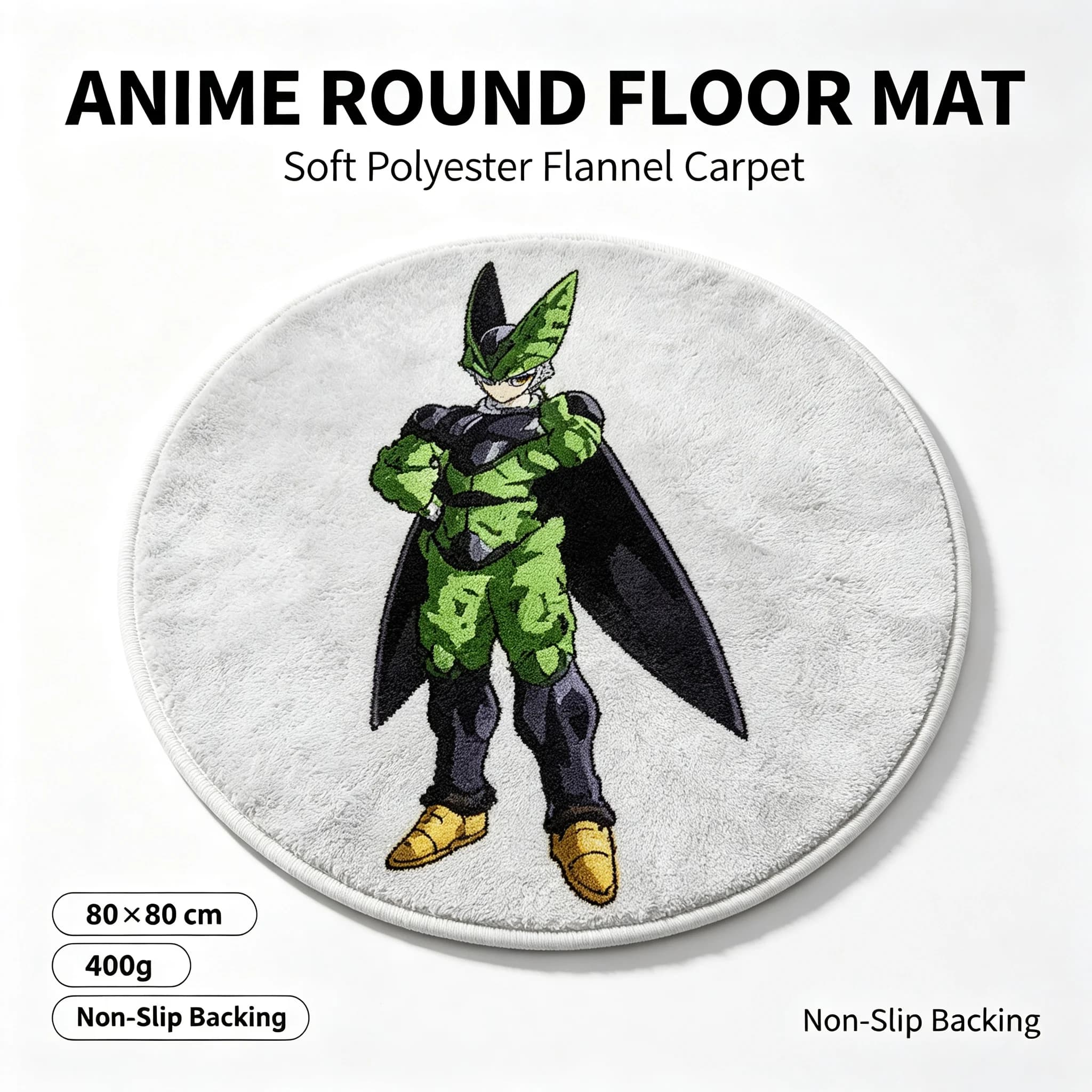 Dragon Ball Cell Anime Round Floor Mat Soft Polyester Flannel Non‑Slip Carpet 80×80cm Anti‑Slip Round Rug for Bedroom Living Room Gaming Room Home Decor Anime Fan Collectible Gift