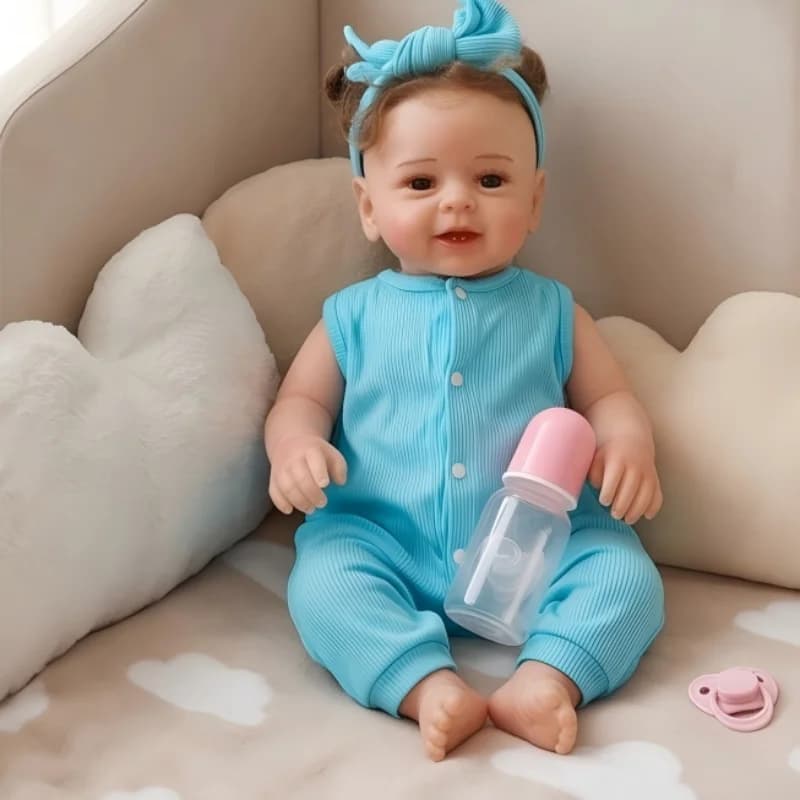 Bambola Reborn Sorridente da 20 Pollici, Neonato Realistico in Silicone con Vestito Blu e Accessori, Giocattolo da Collezione per Bambini