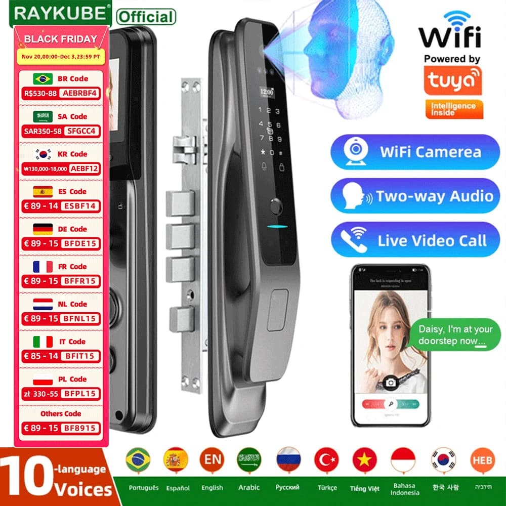 Nuovo RAYKUBE X50 Tuya WiFi 3D Riconoscimento facciale Serratura digitale per impronte digitali con telecamera WiFi APP remota Videochiamata 10 lingue