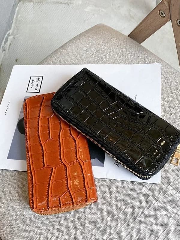 Portafoglio Lungo Lucido Effetto Coccodrillo da Donna in Pelle PU con Cerniera, Pochette con Scomparti Multipli per Carte, Regalo Quotidiano