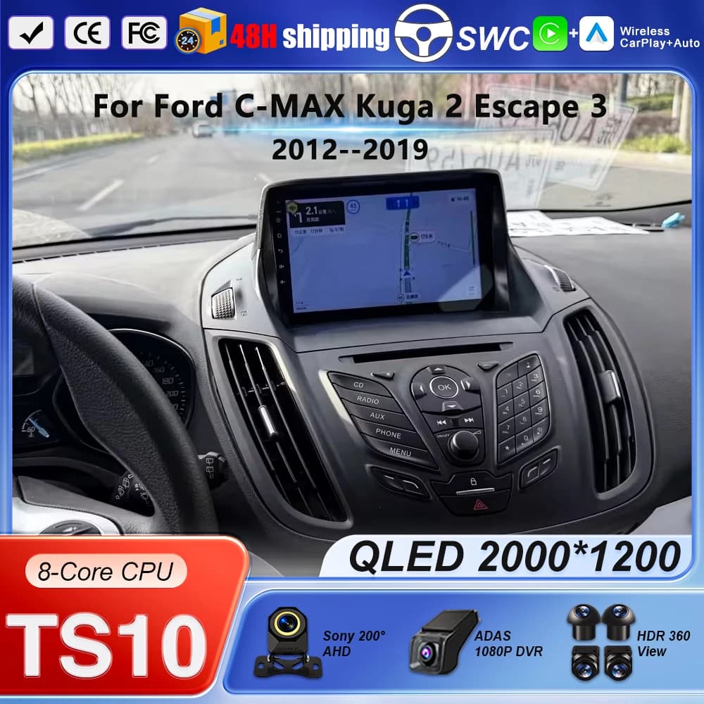 Autoradio Android 16 for Ford C-MAX Kuga 2 Escape 3 2012-2019, Multimedia player with GPS, Navigation, Carplay, QLED Control Unit
