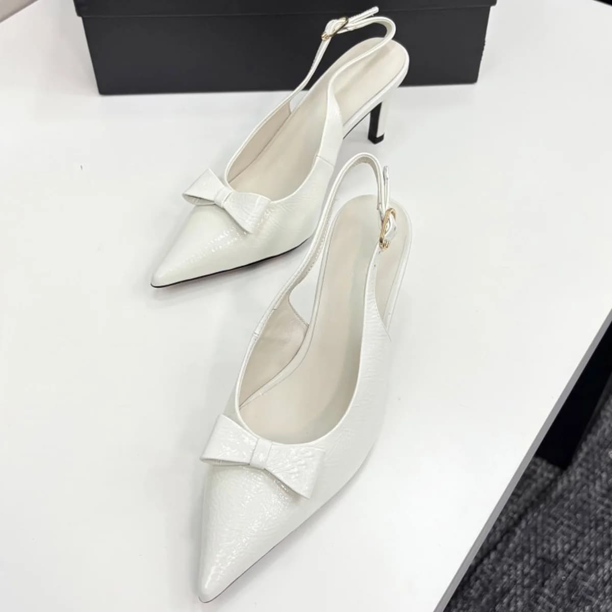 2026 Women's Patent Leather Pointed Toe Bow Slingback Stiletto Pumps, Retro Daily Evening Party Summer Office Shoes YYT25062502