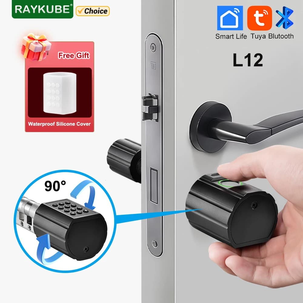 RAYKUBE L12 Tuya BLE Cilindro per impronte digitali Serratura digitale elettrica con copertura in silicone impermeabile Password/chiave/Sblocco APP Tuya