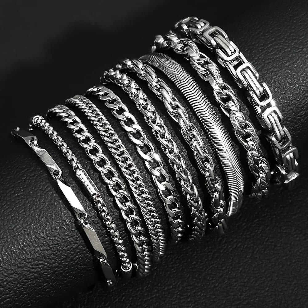 Braccialetti da uomo in acciaio inossidabile da 10 pezzi/set - Design ad incastro stile rock, gioielli impermeabili, regalo squisito