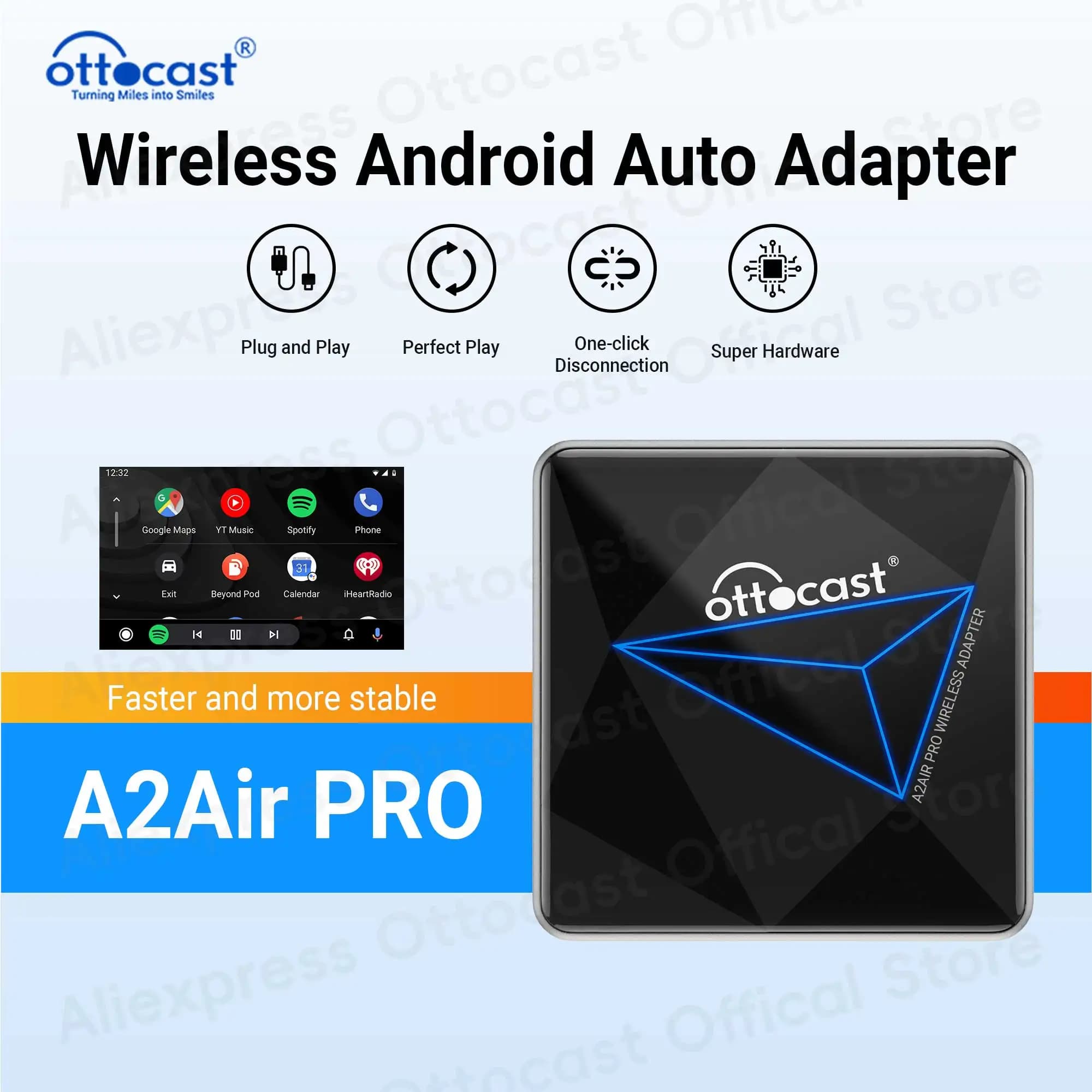 OTTOCAST A2Air Pro Android Auto Wireless Adapter for Samsung Galaxy Google Car Accessories for Android Phone for Peugeot VW Toyota