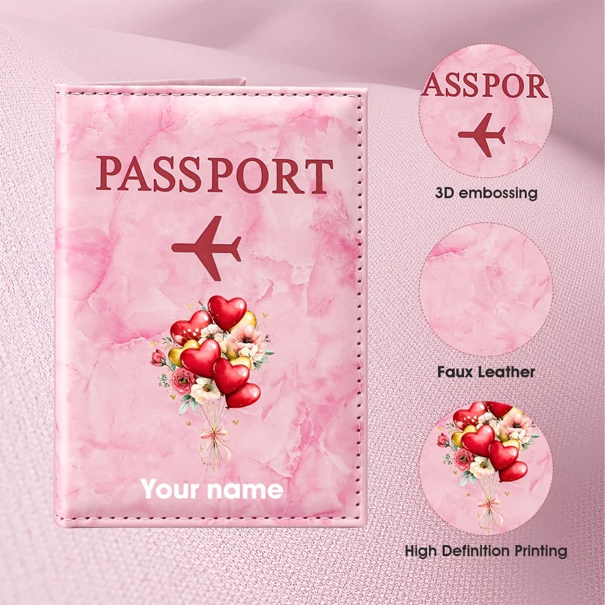 Personalized Name Heart Bouquet Romantic Design PU Passport Holder,Featuring a Warm And Sweet Visual Theme with Red Heart Shapes