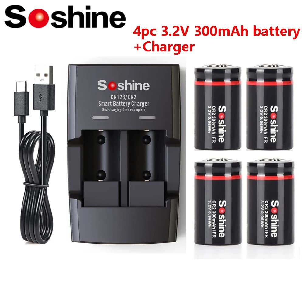 Soshine 3.2V 300mAh LiFePo4 Batteria e caricabatterie CR2 Batteria ricaricabile per telemetri Telescopi Giocattoli elettrici Allarmi di fumo