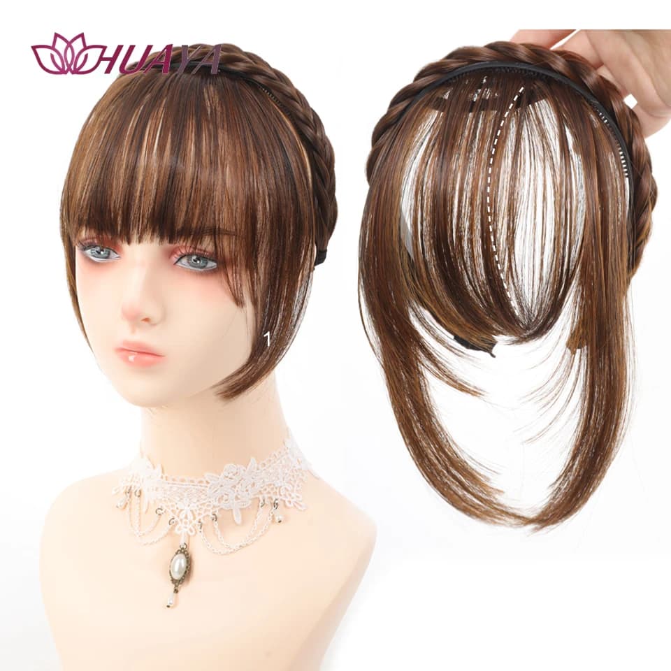 Synthetic Headband Bangs Extension Fake Hair Blunt Fringe Long Sides For Women Natural Flase Black Brown Braided Headband Bang