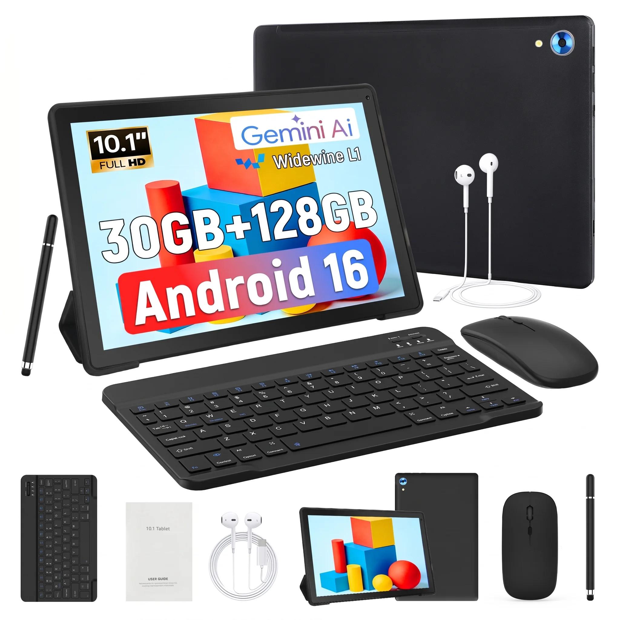 X108 10.1 Inch Full‑HD Tablet PC Android 16 Octa‑Core A537 30GB(6+24GB Virtual) 128GB ROM 1TB Expand Widevine L1 Gemini AI Assistant 3D Face Unlock 5MP+8MP Camera Complete Bundle With Keyboard Mouse Stylus Case Earphones Learning Business Tablet US Loca