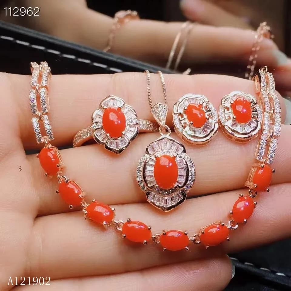 KJJEAXCMY Exquisite Jewelry 925 Sterling Silver Inlaid Natural Ruby Red Coral Bracelet Pendant Ring Ear Nail 4 Pieces Suit MARRY