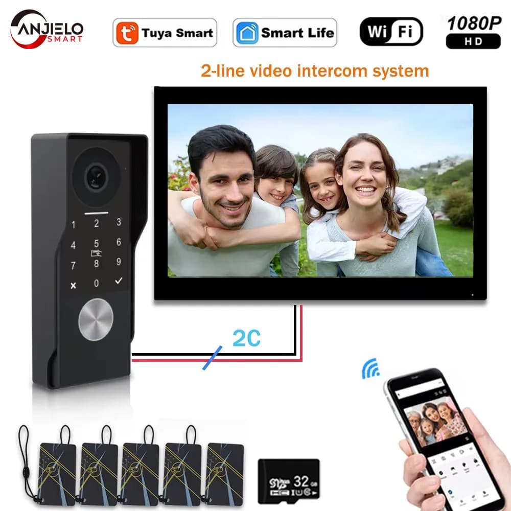 ANJIELO Videocitofono a 2 Fili in Metallo con Sblocco Tramite Scheda IC TUYA e PIN, Supporto Telecamera IP 24, Sistema Videocitofonico Intelligente per Casa 1080P
