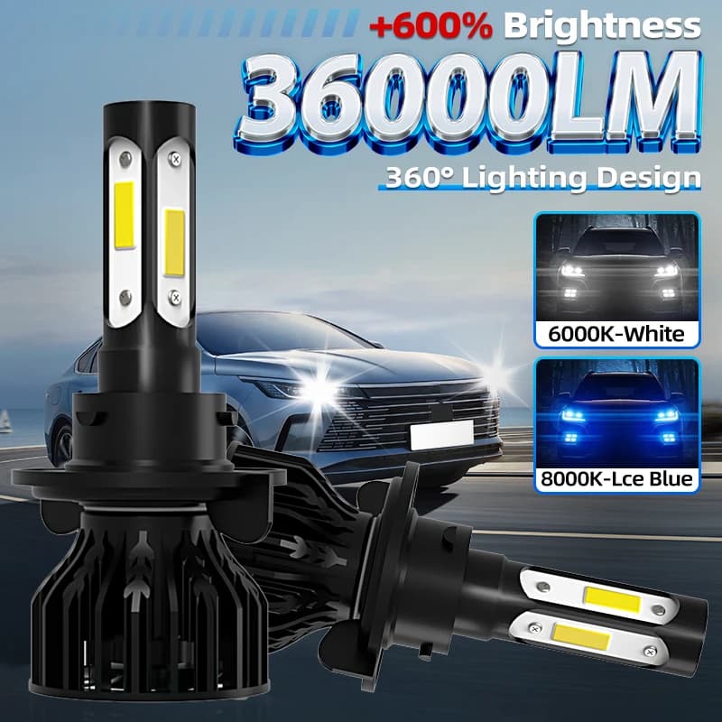 LED light 36000LM H4 H7 H11 H13 9004 9005 9006 9007 9012 Canbus with 4-side COB chip, super bright 6000K 8000K