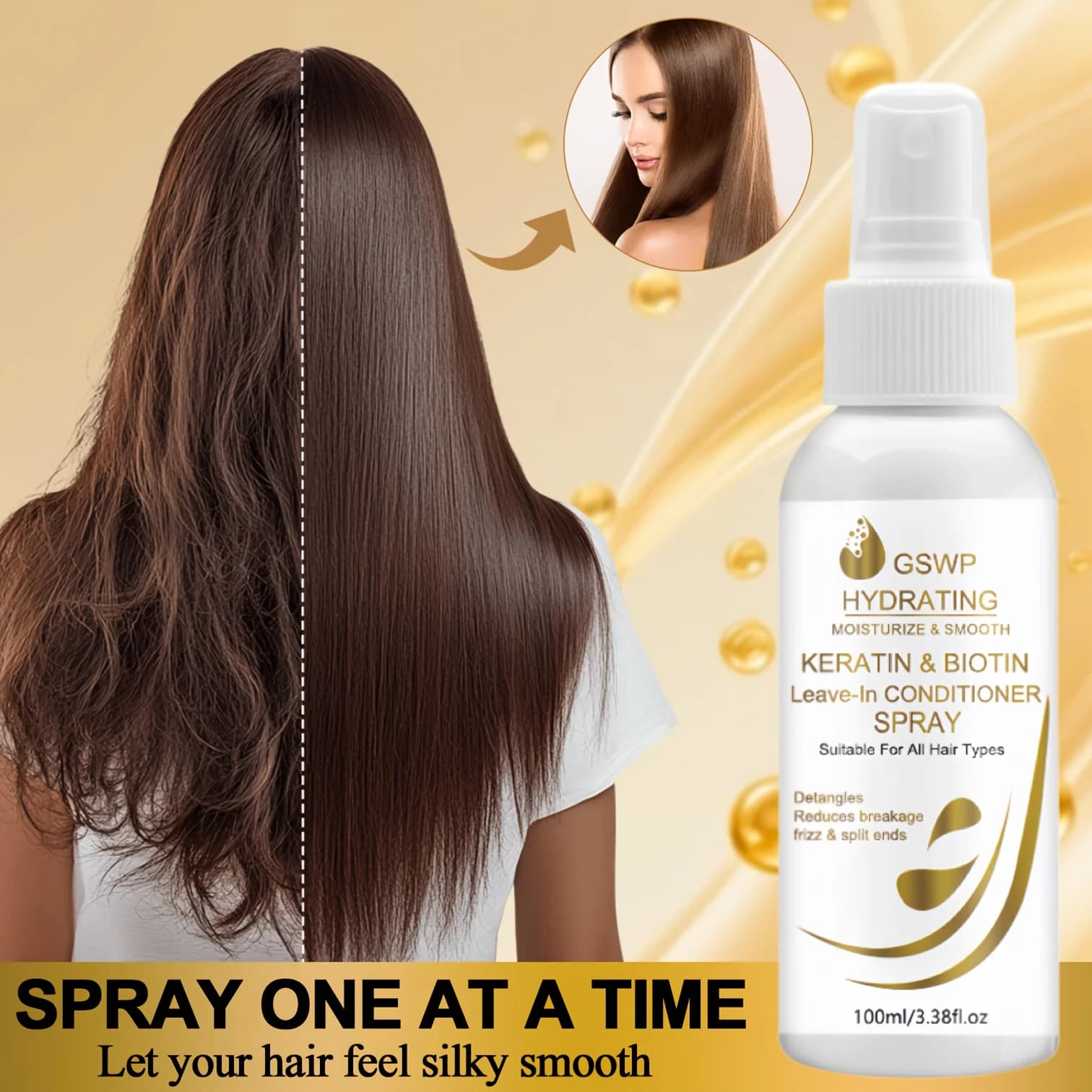 GSWP Biotin Keratin Leave-In Conditioner Spray, contains keratin, does not need rinsing, reduces heat damage. 100/200ml