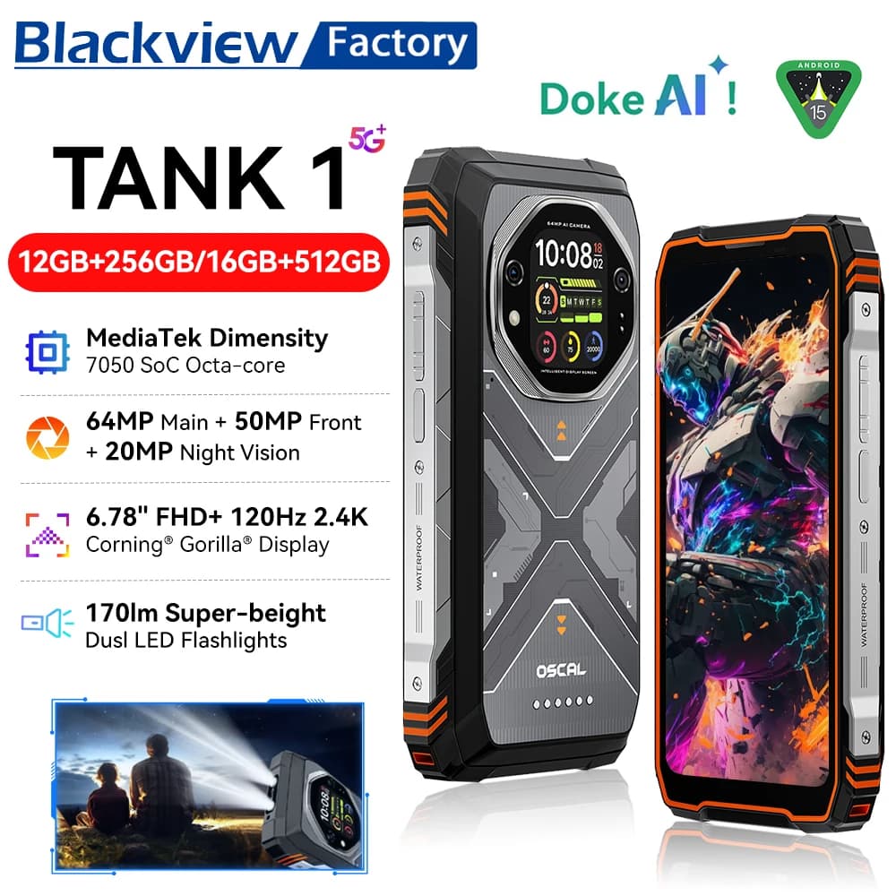 Blackview OSCAL TANK 1 Rugged Phone 6.78" 120Hz FHD+ Display Telefono per chiamate all'aperto 16GB+512GB 20000mAh Smartphone 5G Android 15 NFC