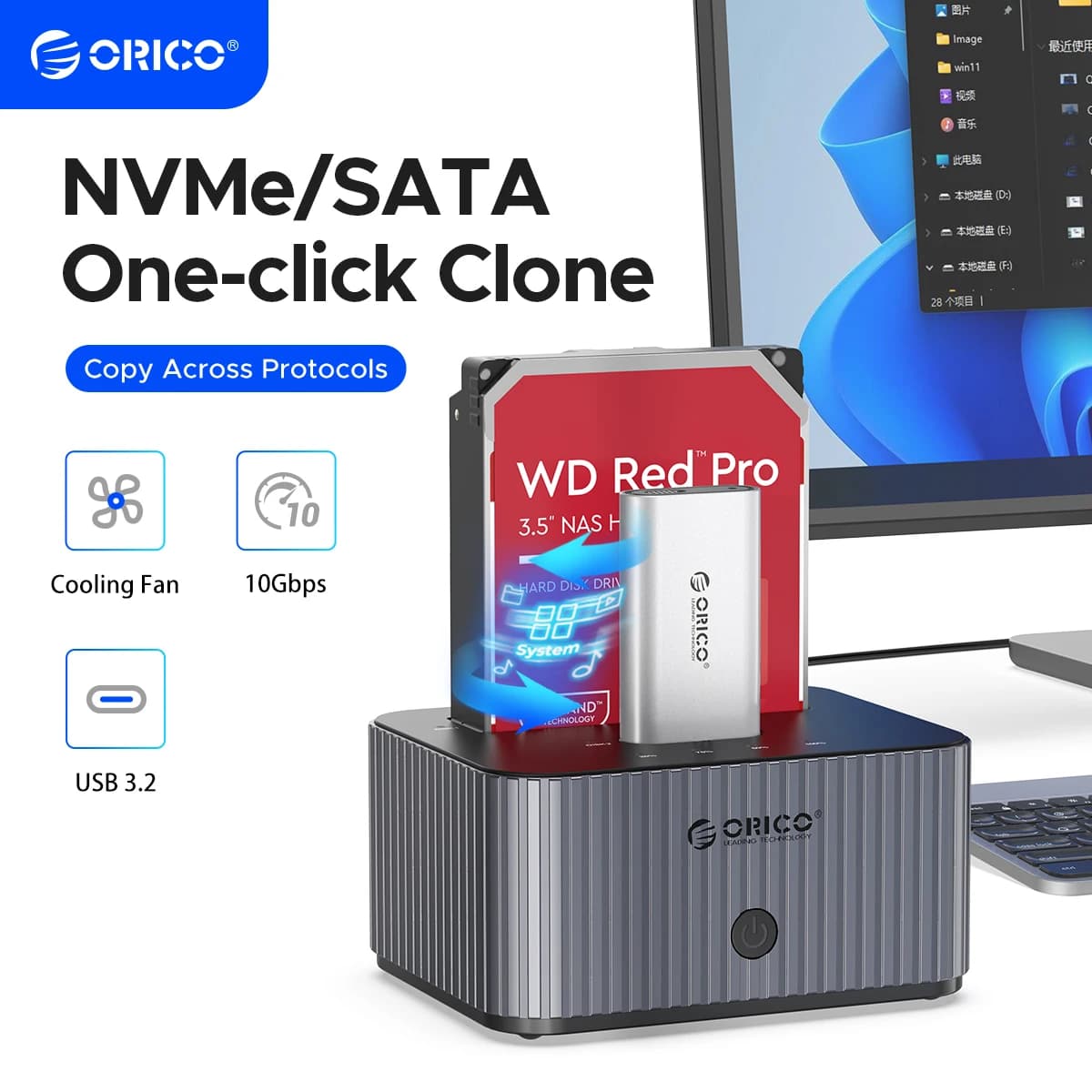 ORICO 2Bay NVME e SATA Cross-protocol Offline Clone Type-C Docking station per disco rigido da 10 Gbps per PC HDD/SSD NVME M.2 da 2,5" 3,5"